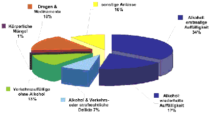 Anteile der verschiedenen Verkehrsdelikte an den MPUs im Jahr 2006. Quelle: Bundesanstalt für Straßenwesen 08.08.2007