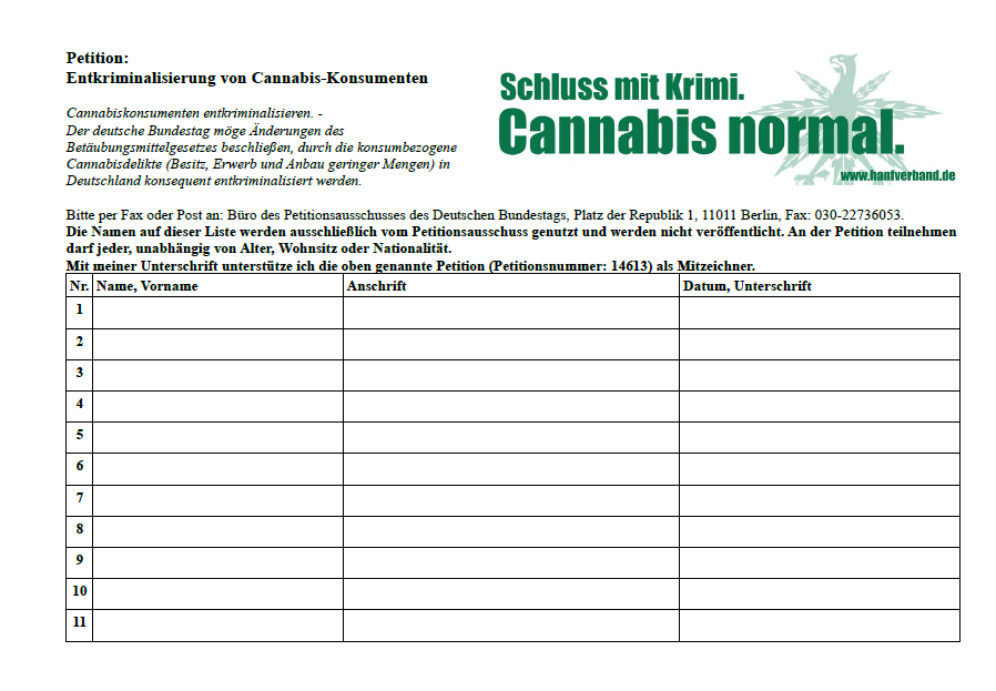 Unterschriftenliste Cannabispetition
