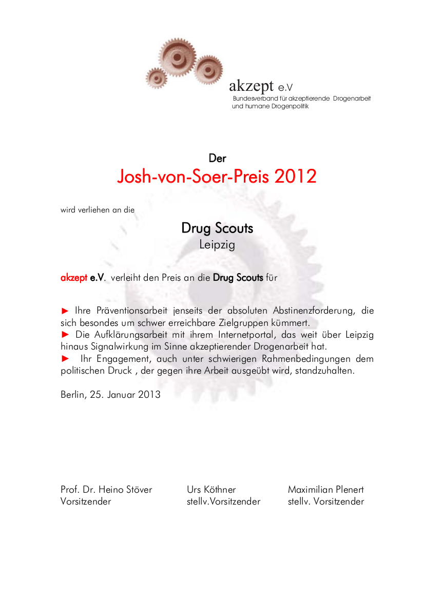 Urkunde: Josh-von-Soer Preis 2012