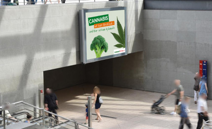 Bild einer Werbetafel am Potsdamer Platz mit der Anzeige "Cannabis ist kein Brokkoli"